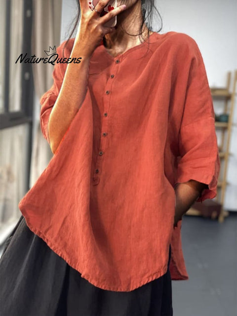 Women’s Loose Casual Cotton Linen Shirt With Irregular Hem And Seven Point Sleeves Red / L