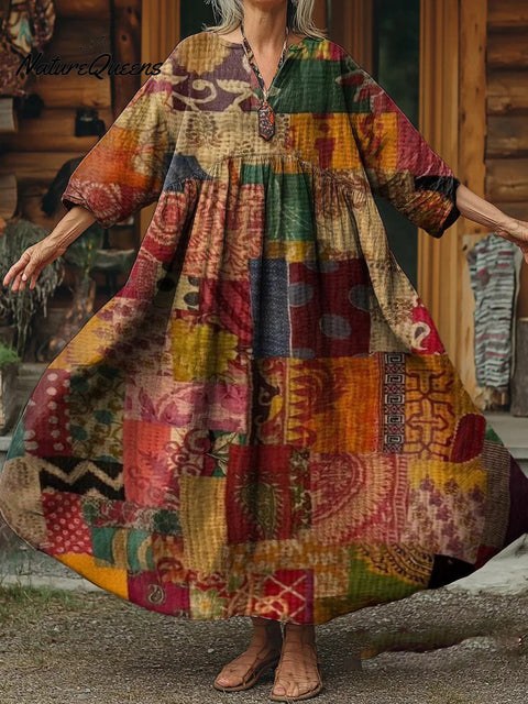 Women's Retro Boho Patchwork Art Print Long Sleeve V-Neck Comfortable Cotton Pocket Dress