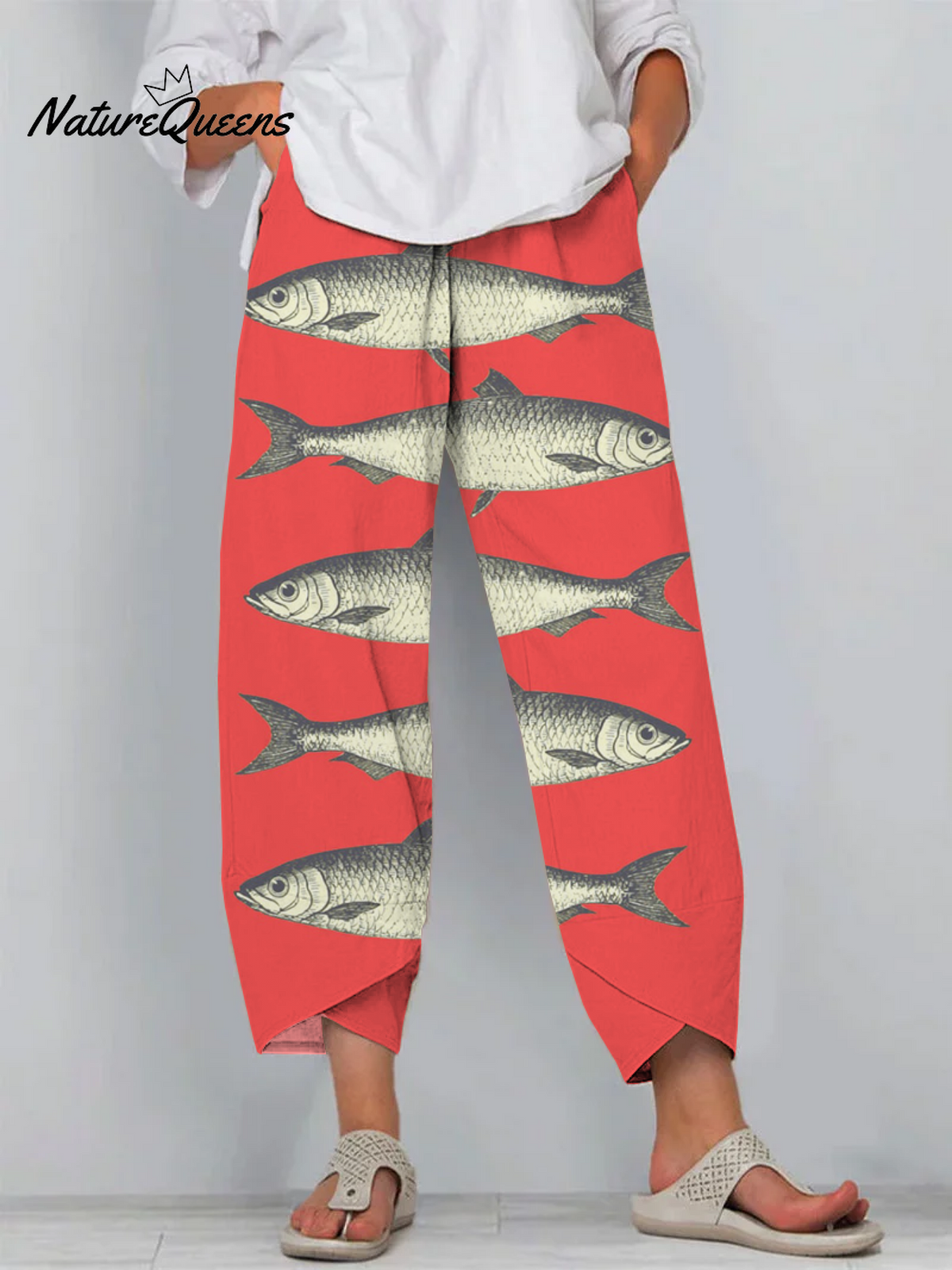 Japanese Red Sardines Art Print Cropped Pants