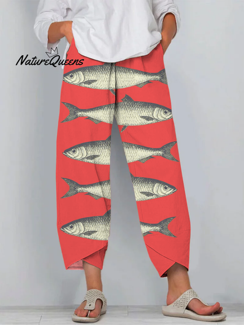 Japanese Red Sardines Art Print Cropped Pants