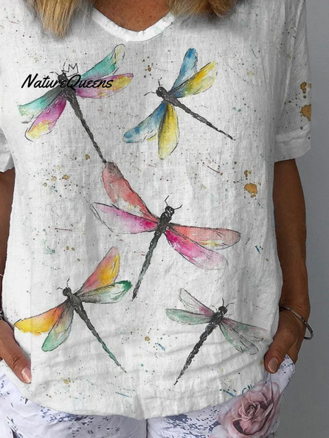 Women's Short Sleeve Blouse Summer Dragonfly V Neck Daily Going Out Casual Top Apricot