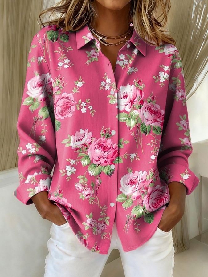 Women's Pink Floral Print Casual Lapel Shirt