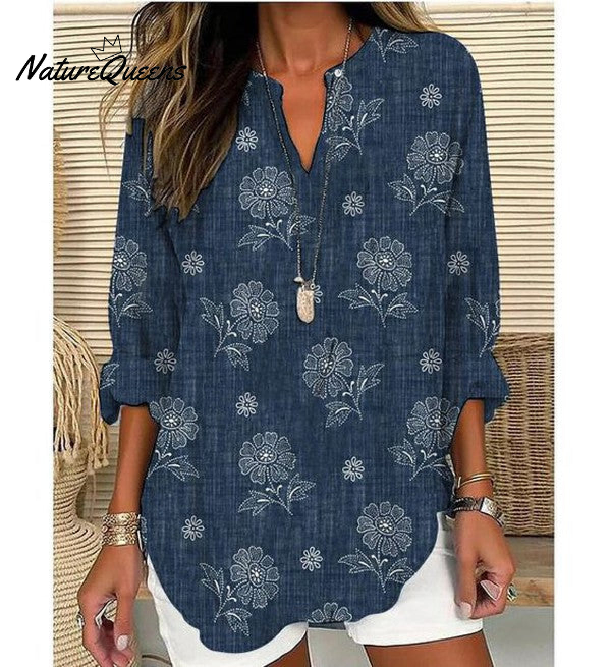 Distinctive Floral Print V - Neck Navy Top