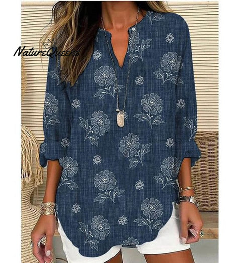 Distinctive Floral Print V - Neck Navy Top