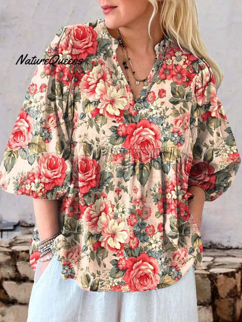 Women's Retro Floral Art Print Cotton And Linen Casual Top