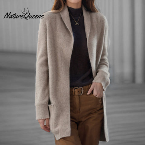 Women's Knitted Lapel Collar Long Sleeve Patch Pockets Mid-Length Sweater Cardigan