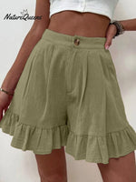 Women Summer Cotton Casual Plain Natural Ruffled Shorts