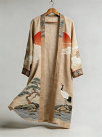 Japanese Crane Sunrise Landscape Flowy Linen Long Kimono