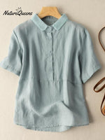 Women’s Solid Color Cotton And Linen Lapel Short Sleeved Casual Blouse