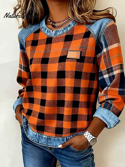Women'S Casual Round Neck Denim Patchwork Plaid Print Pullover Sweatshirt