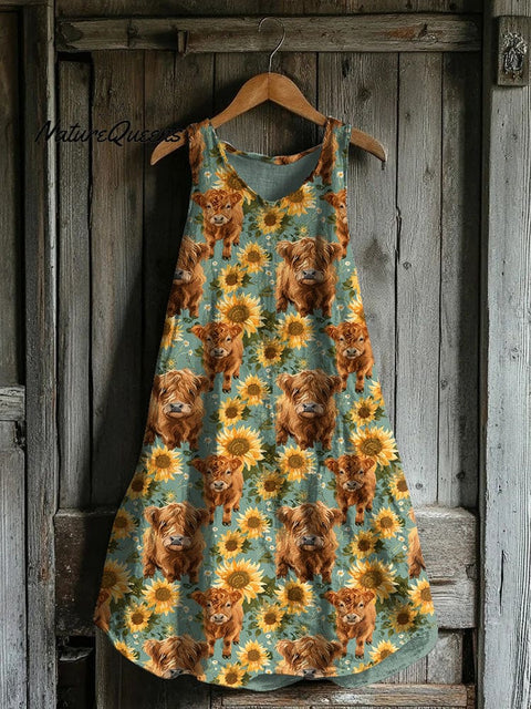 Highland Cow Sunflower Print Linen Tank Dress