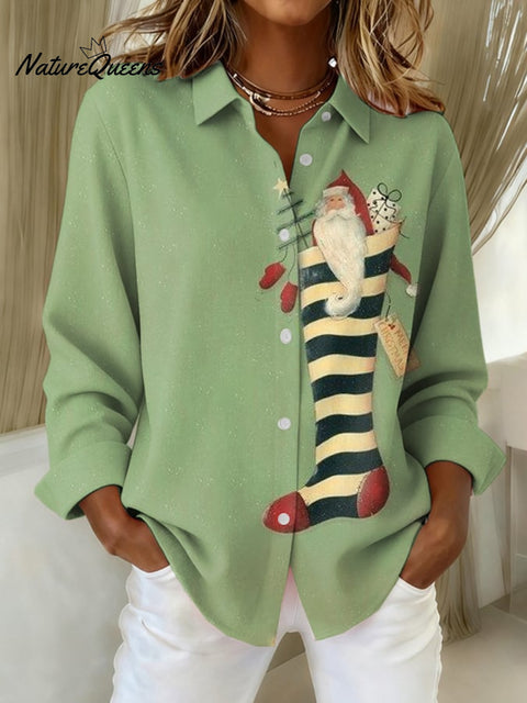 Women's Retro Western Fun Christmas Santa Print Linen Top