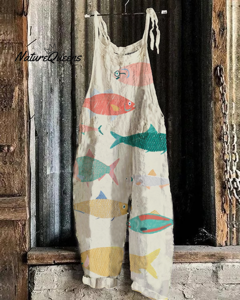 Multicolor Sardine Japanese Art Linen Blend Jumpsuit