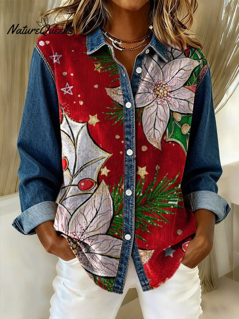 Women's Christmas landscape print casual stitching denim shirt