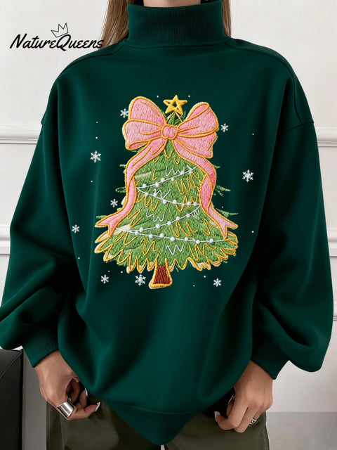 Women's Winter Christmas Tree Print Festive Turtleneck Sweatshirt