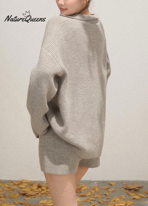 Light Grey Knit Cozy Two Pieces Set Deep-V Neck Fall