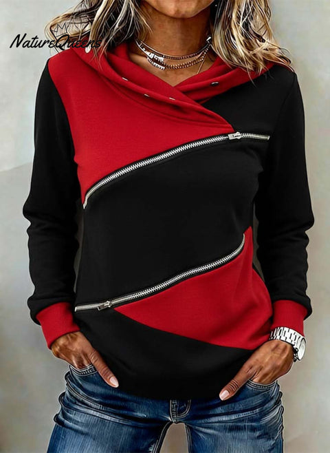 Women's Casual Loose Paneled Color-Block Zipper Hooded Sweatshirt