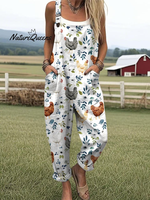 Women's Farm Chicken Print Casual Cotton Wide Leg Jumpsuit