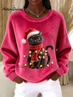 Women's Vintage Christmas Black Cat Print Sweater