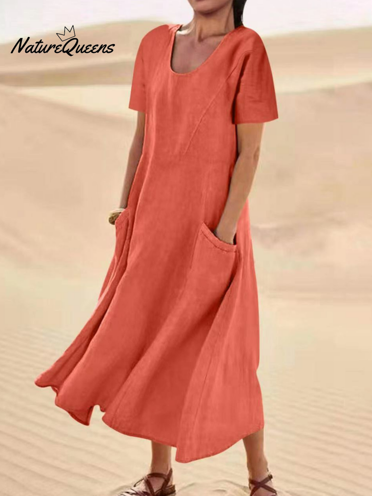 Jfn Cotton & Linen Solid Color Loose Casual Pocket Dress Orange / S(6 - 8)