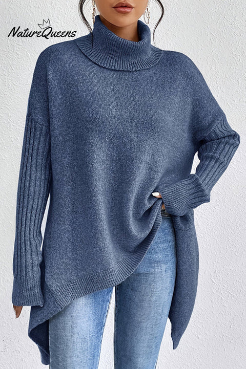 Solid Color High Collar Long Sleeve Loose Knitted Sweater