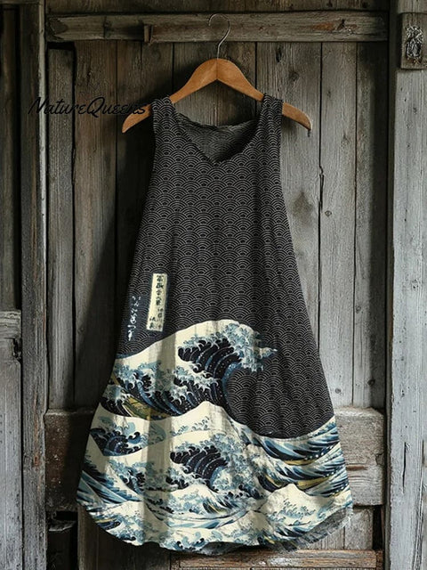 Japanese Traditional Wave Art Linen Tank Dress