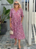 Women's Crushed Flower Printing V-Neck Medium and Long Dress Short Sleeve Dress