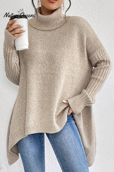 Solid Color High Collar Long Sleeve Loose Knitted Sweater