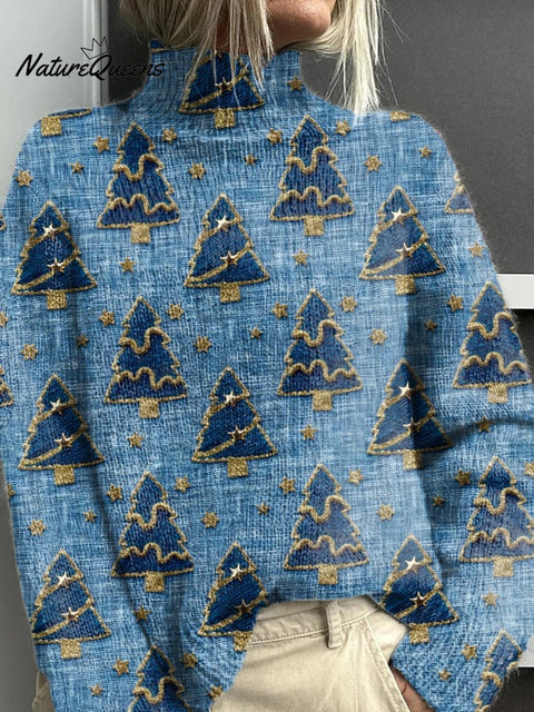 Women's Christmas Tree Print Knit Turtleneck Pullover Sweater