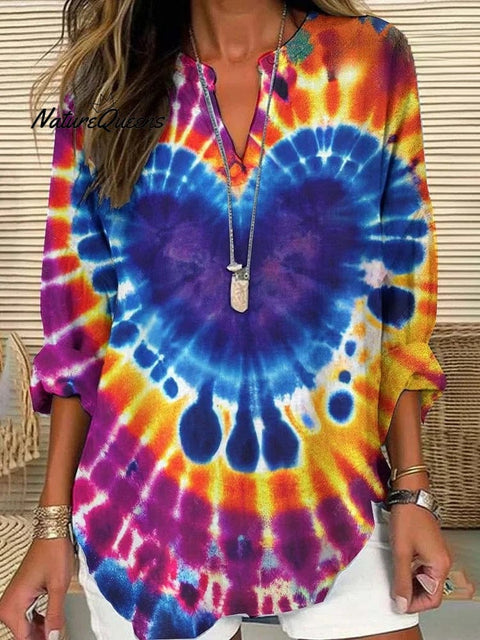 Women's Heart Pattern Tie-Dye Pattern Cotton Long Sleeve Crew Neck Shirt