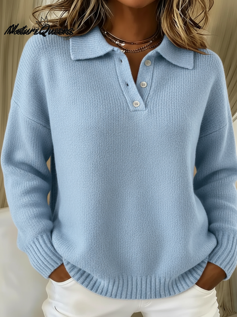 Classic Polo Neck Button-Down Solid Color Sweater Top