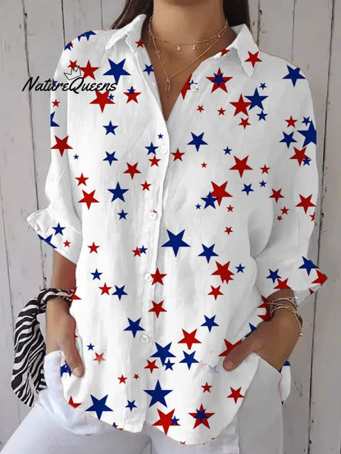 Women's Fashion Casual Independence Day Star Printed Cotton and Linen Shirt