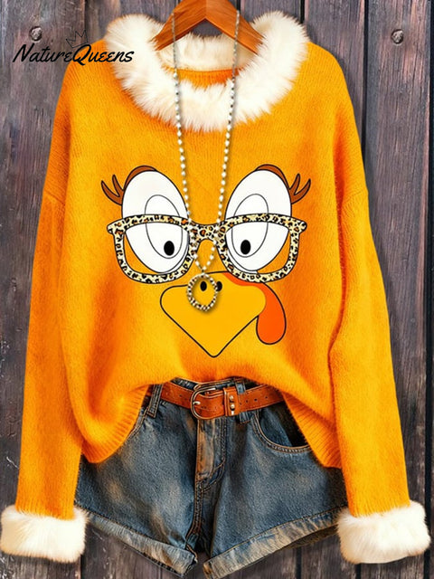 Women's Thanksgiving Turkey Print Fur Collar Sweater