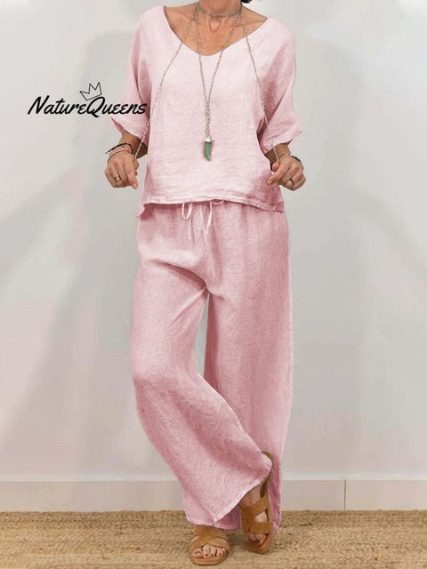 Solid Color Casual Half Sleeve Top&Pants Set