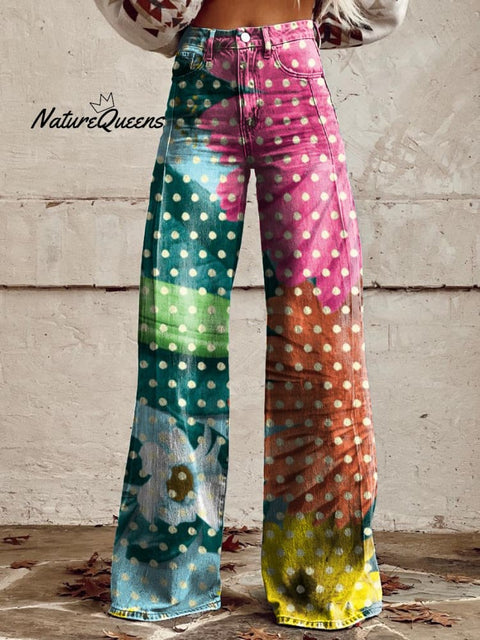 Women's Retro Color Floral Polka Dot Art Casual Wide Leg Pants