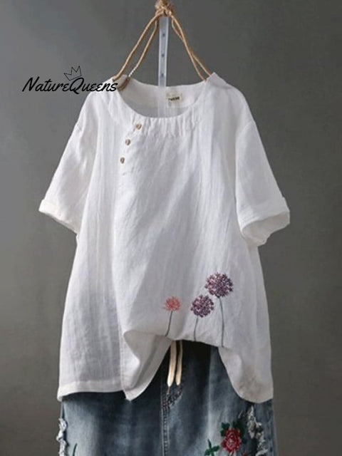 Women’s Embroidered Cotton And Linen O - Neck Button Short Sleeve Blouse White / M