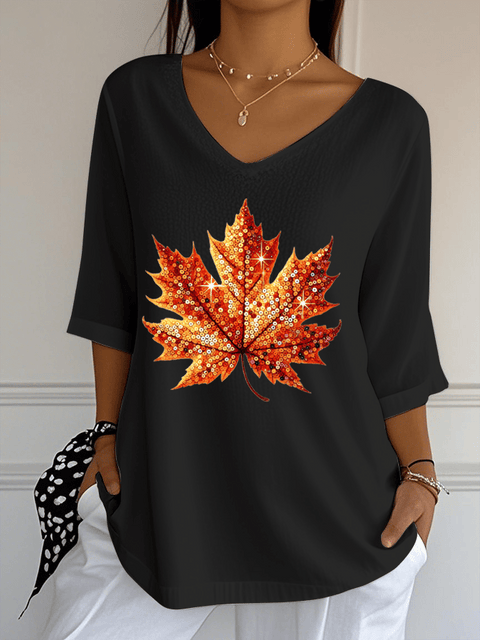 Women's Sequined Maple Leaf Pumpkin Printed Jacquard Fabric Casual V-Neck Top