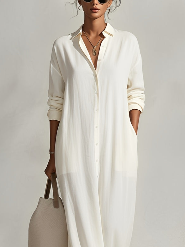 Casual Plain Buttoned Shirt Collar Maxi Dress