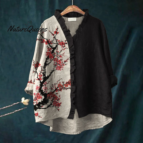 Red Plum Blossom Japanese Art Contrast Ruffle Trim Linen Blouse