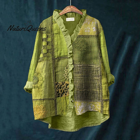 Green Floral Embroidery Art Linen Blend Ruffle Shirt