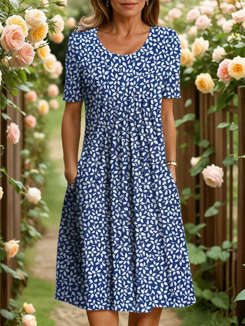 Elegant Floral Print Pleated Pocket Dress
