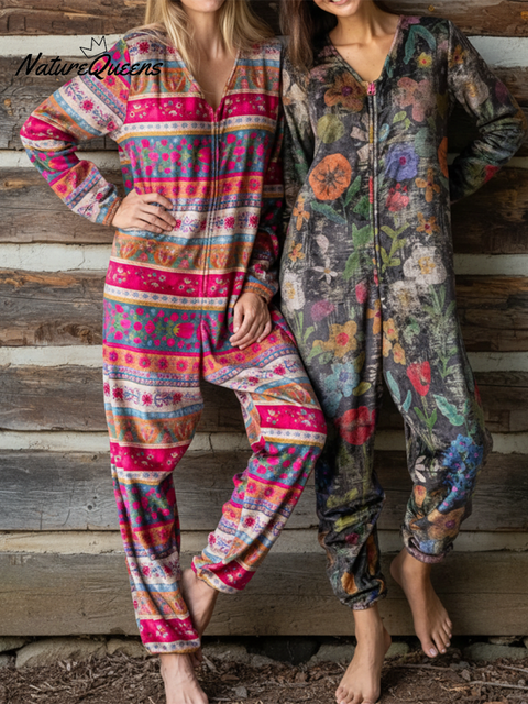 Soft and Comfortable Floral Print V-neck Zip-up Jumpsuit
