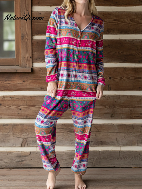 Soft and Comfortable Floral Print V-neck Zip-up Jumpsuit