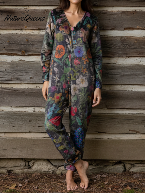 Soft and Comfortable Floral Print V-neck Zip-up Jumpsuit
