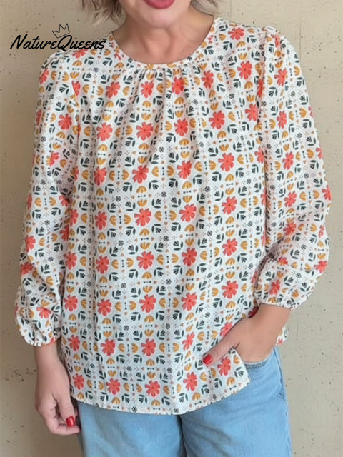 Women's Retro Bouquet Print Round Neck Cotton Top