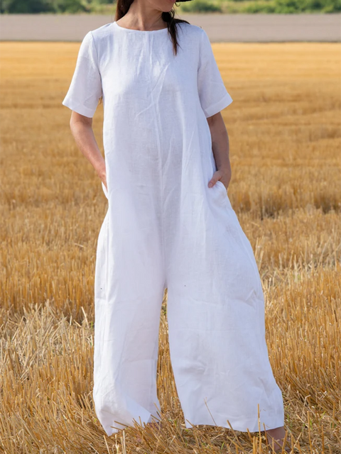 Women's Loose Pocket Cotton and Linen Jumpsuit