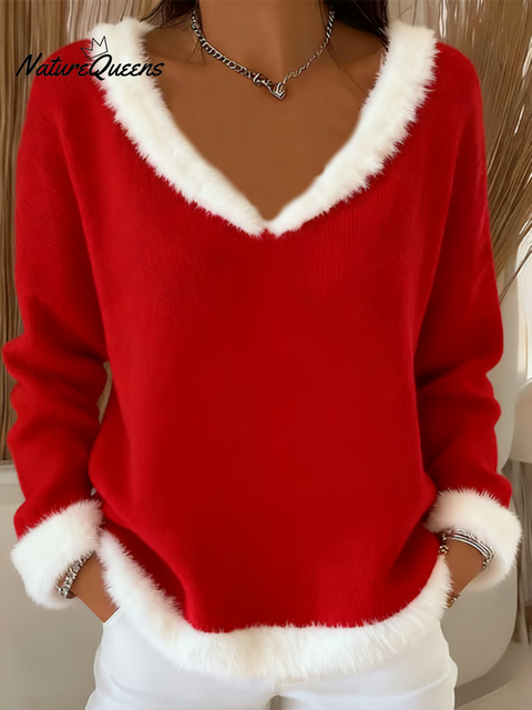Cute Christmas V-neck Fur Collar Knitted Sweater Top