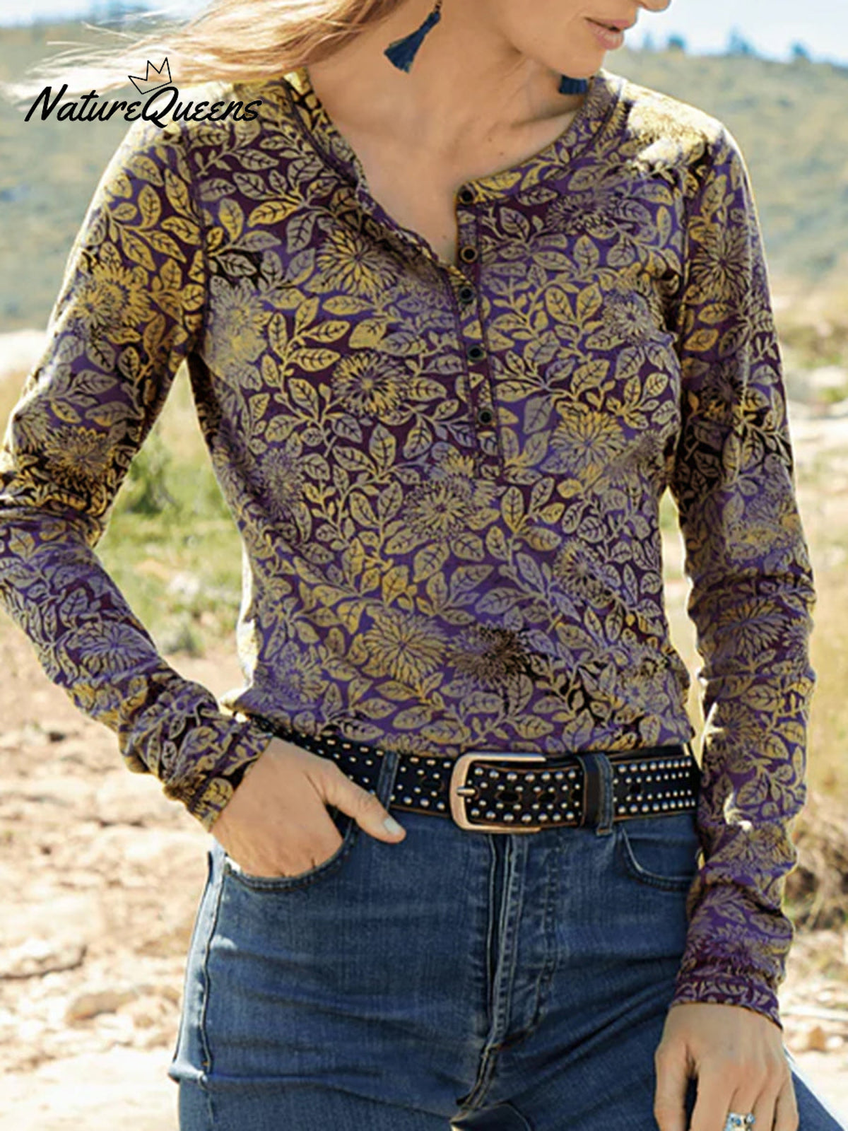 Women's Retro Floral Print Soft Stretch Henley Neck Top