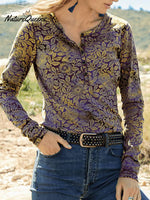 Women's Retro Floral Print Soft Stretch Henley Neck Top
