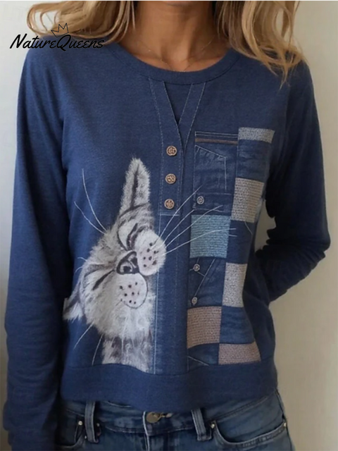 Funny Cat Print Patchwork Cotton Crew Neck Top